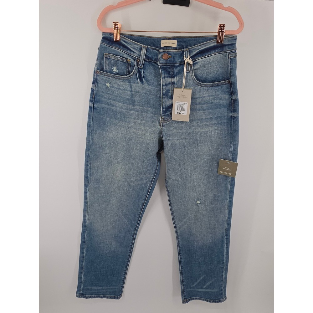 Oliver Logan Mulberry High Rise Straight Leg Jeans Classic Blue Distressed 30